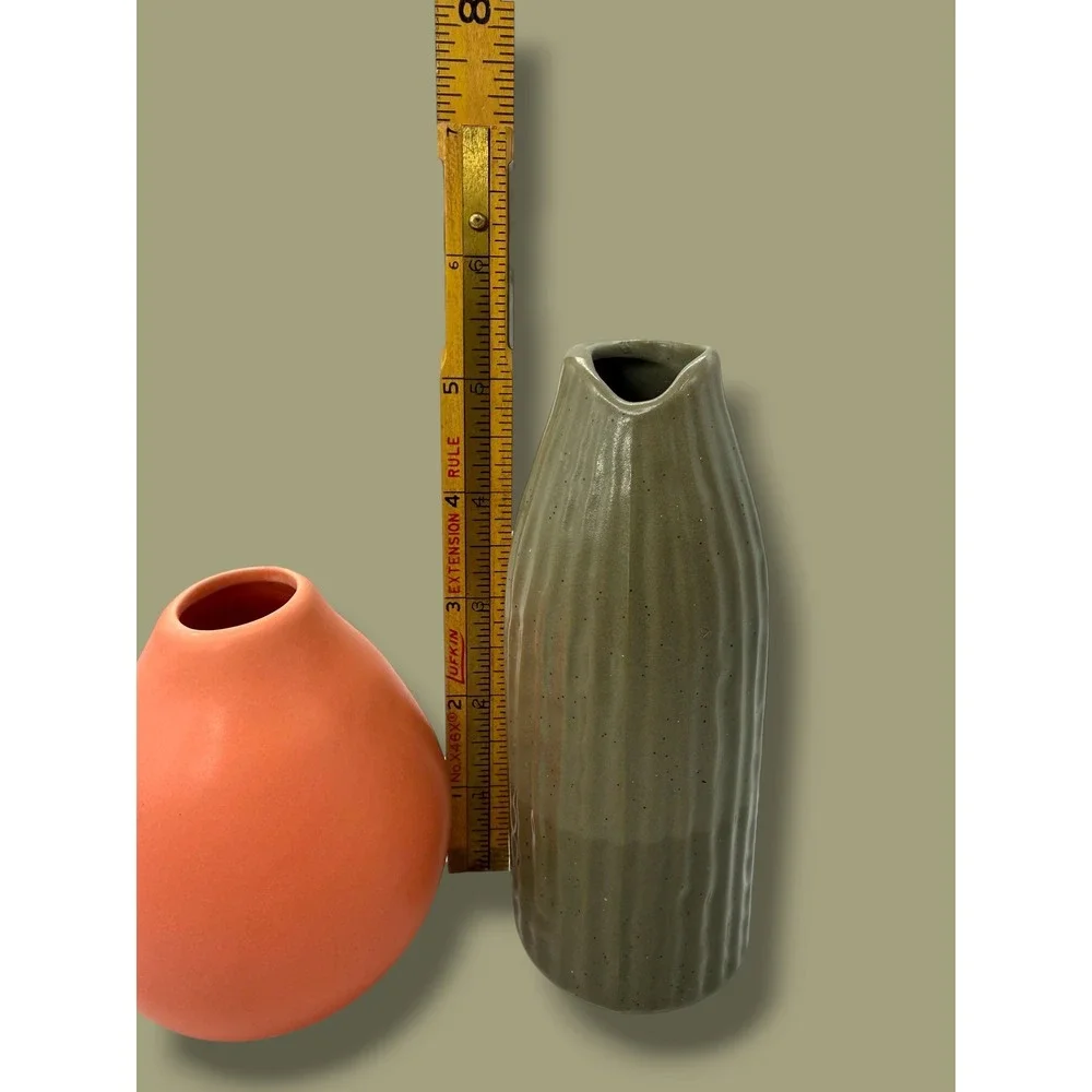 Anthropologie Ceramic Bud Vase Set Olive Green Ribbed & Terracotta Orange Matte